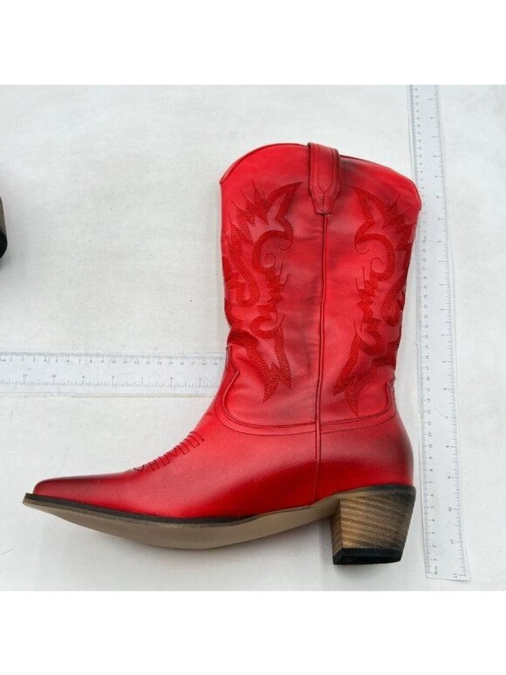 Women's Fashion Western Cowgirl Cowboy Boots Wide Square Toe Mid Calf Red